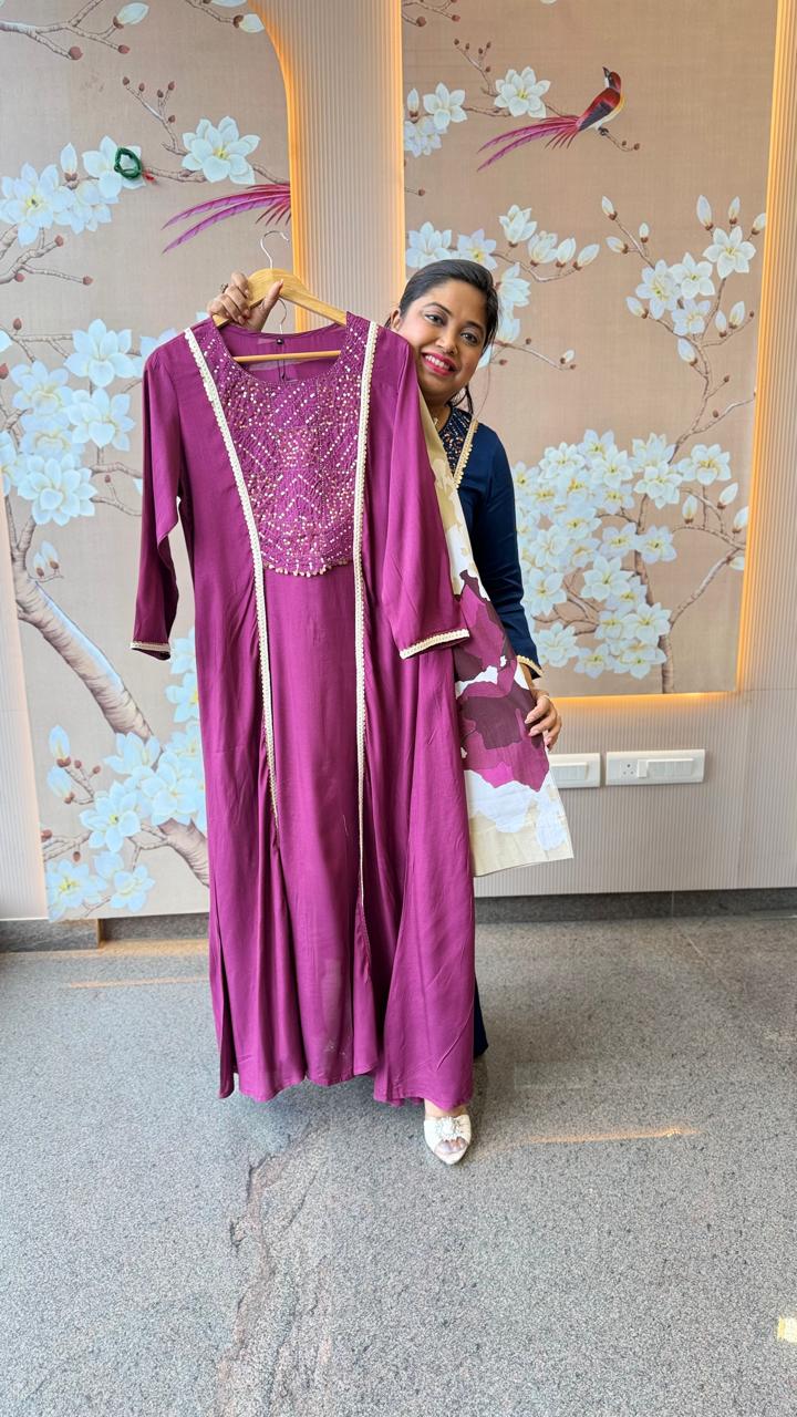 Crepe upper with handwork and cotton flex digital print bottom in purple