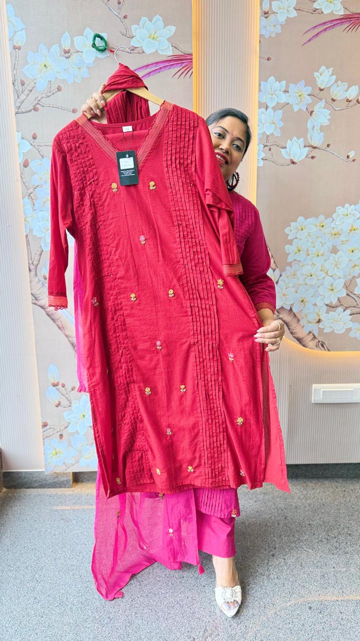 Silly cotton with lining n embroidery full suit set (comfort fit) in red