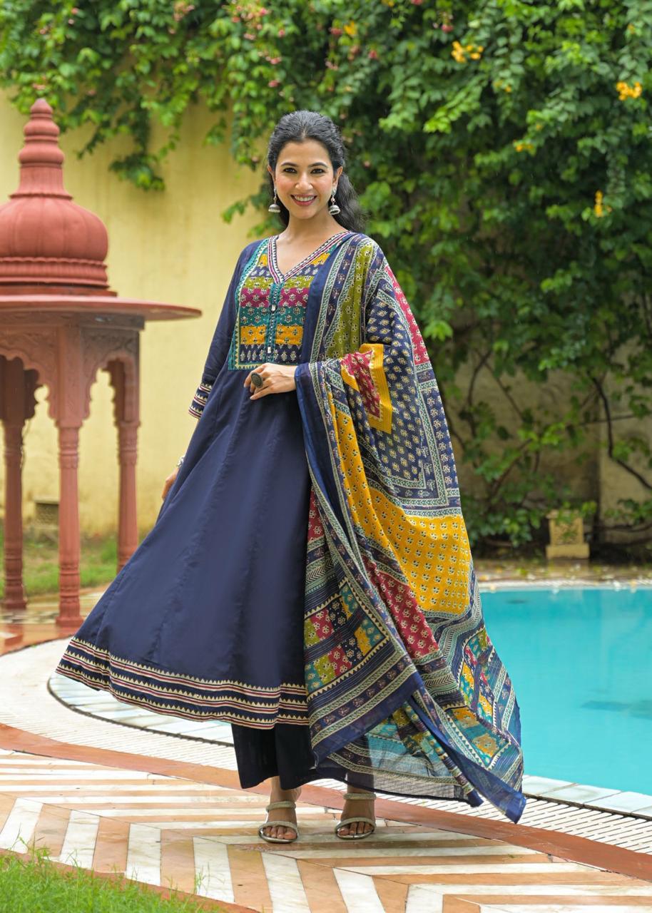 Pretty cotton Anarkali suit set in blue