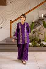 Heavy rayon fully embroidered co ord in purple