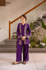 Heavy rayon fully embroidered co ord in purple