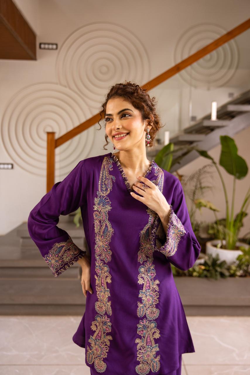 Heavy rayon fully embroidered co ord in purple