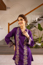 Heavy rayon fully embroidered co ord in purple