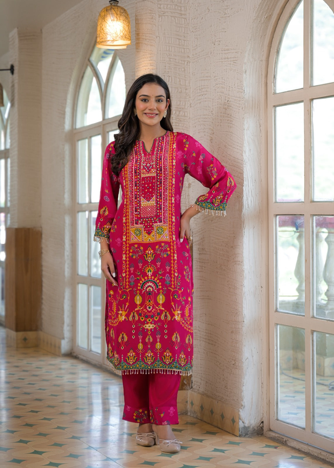 Pure crepe pink embellished suit set