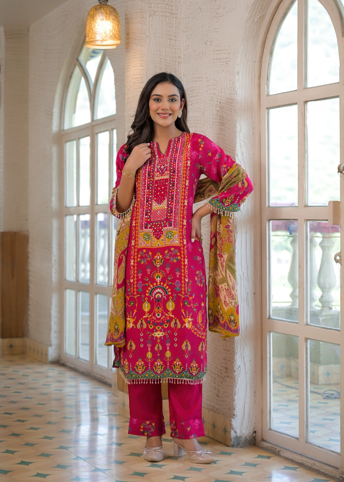 Pure crepe pink embellished suit set