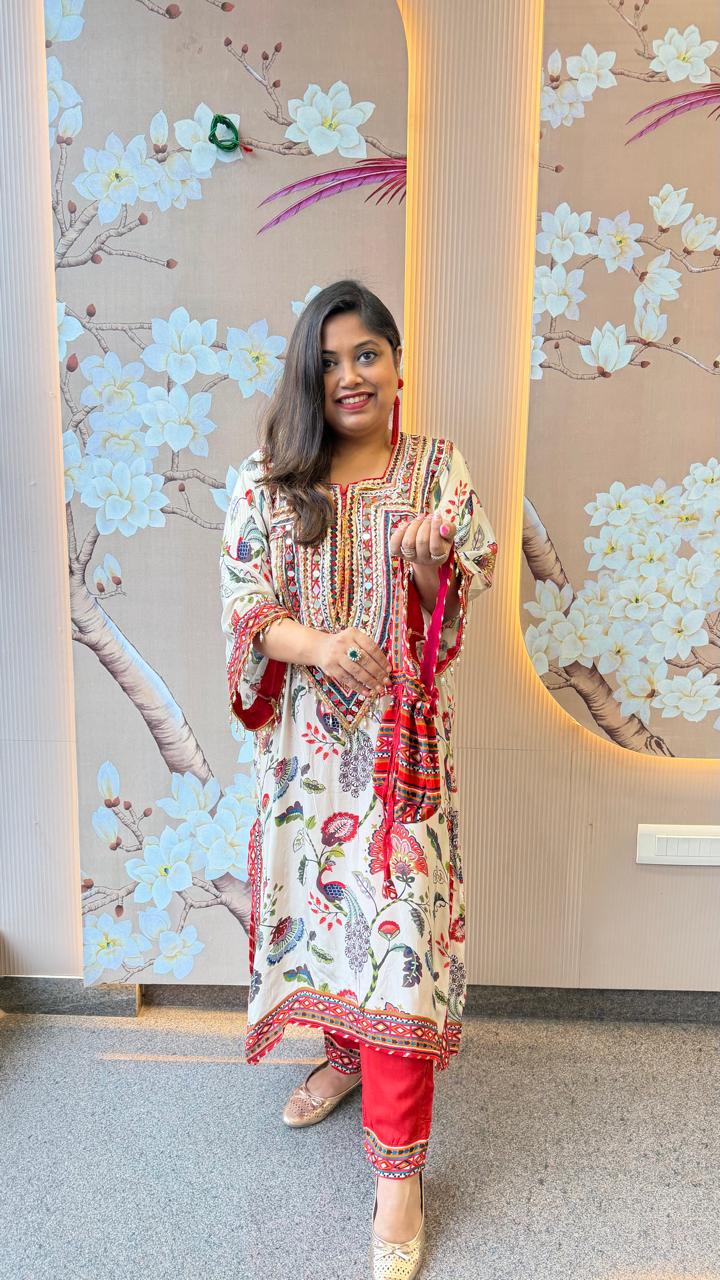 Restocked! Wow premium pure crepe designer co ord set with gotta detailing and real mirror. It comes with potli. Dispatch in next 15-20 days