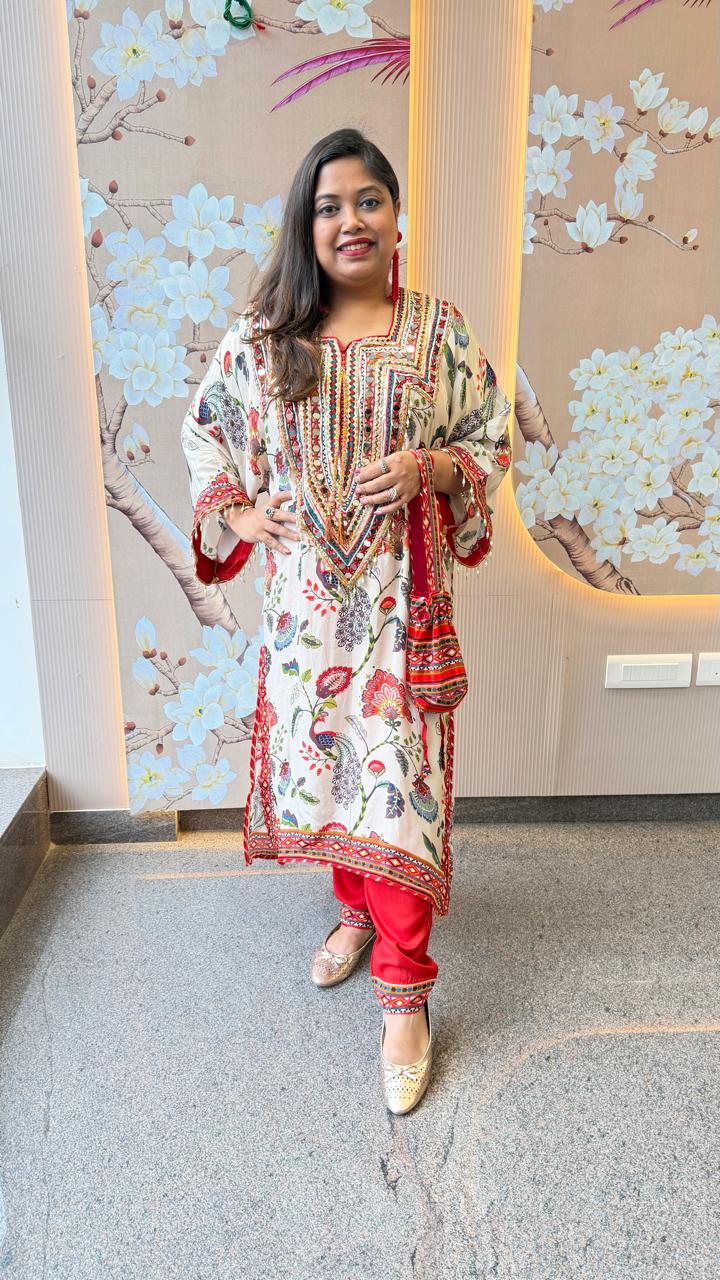 Restocked! Wow premium pure crepe designer co ord set with gotta detailing and real mirror. It comes with potli. Dispatch in next 15-20 days