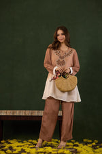 Premium muslin applique work co ord set in peach