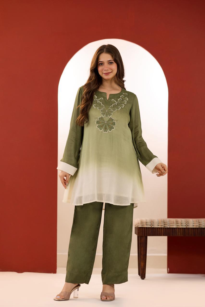 Premium muslin applique work co ord set in green