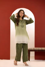 Premium muslin applique work co ord set in green