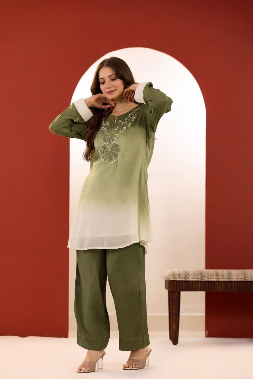 Premium muslin applique work co ord set in green