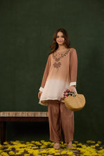 Premium muslin applique work co ord set in peach