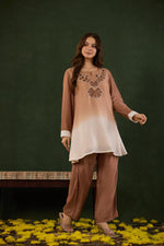 Premium muslin applique work co ord set in peach