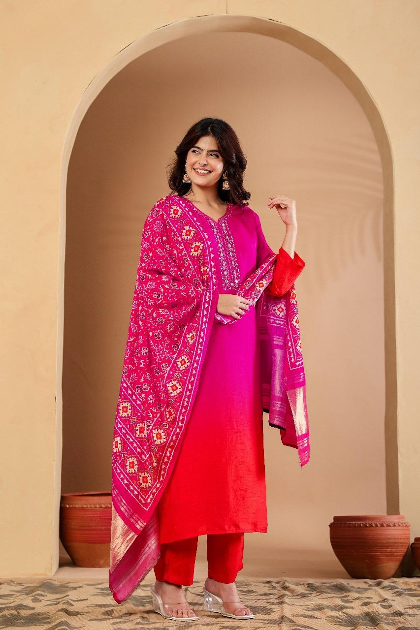 Russian silk paired with Patola dupatta in pink colour