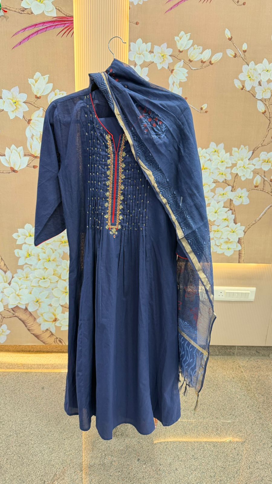 Premium cotton suit set with chanderi dupatta in blue