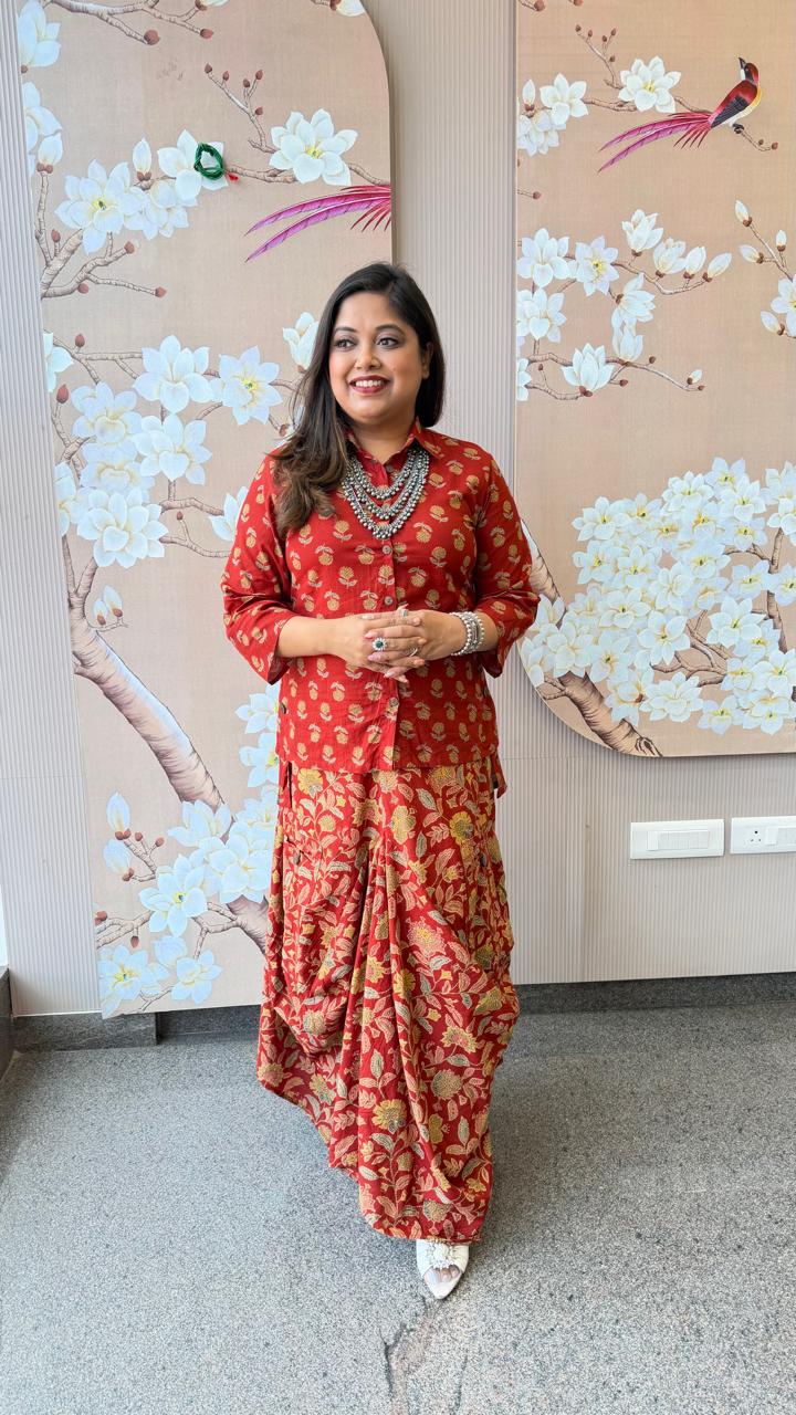 Restocked !! Gorgeous red kalamkari skirt paired with shirt !! Dispatch Next Week