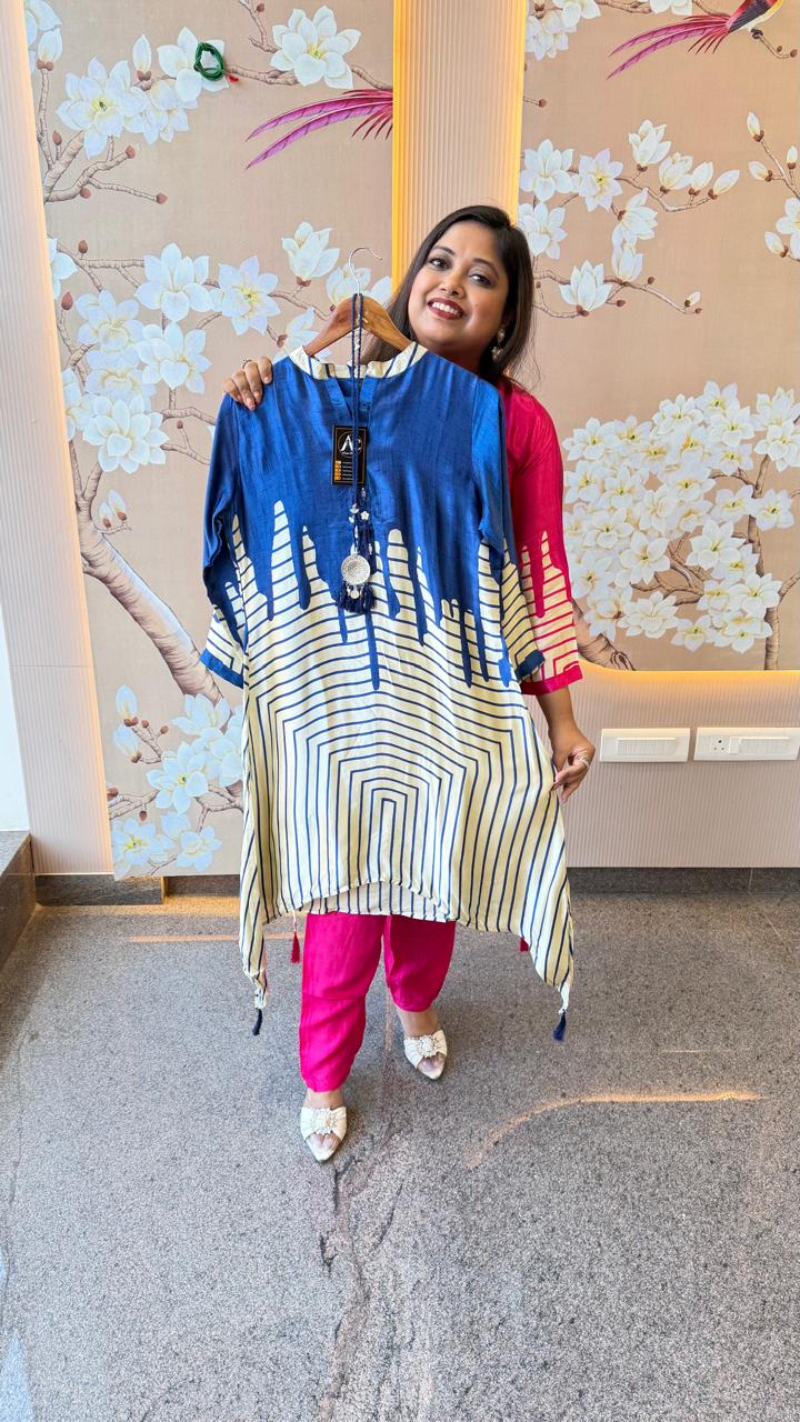 Pretty gaji silk kurta pant in blue with necklace