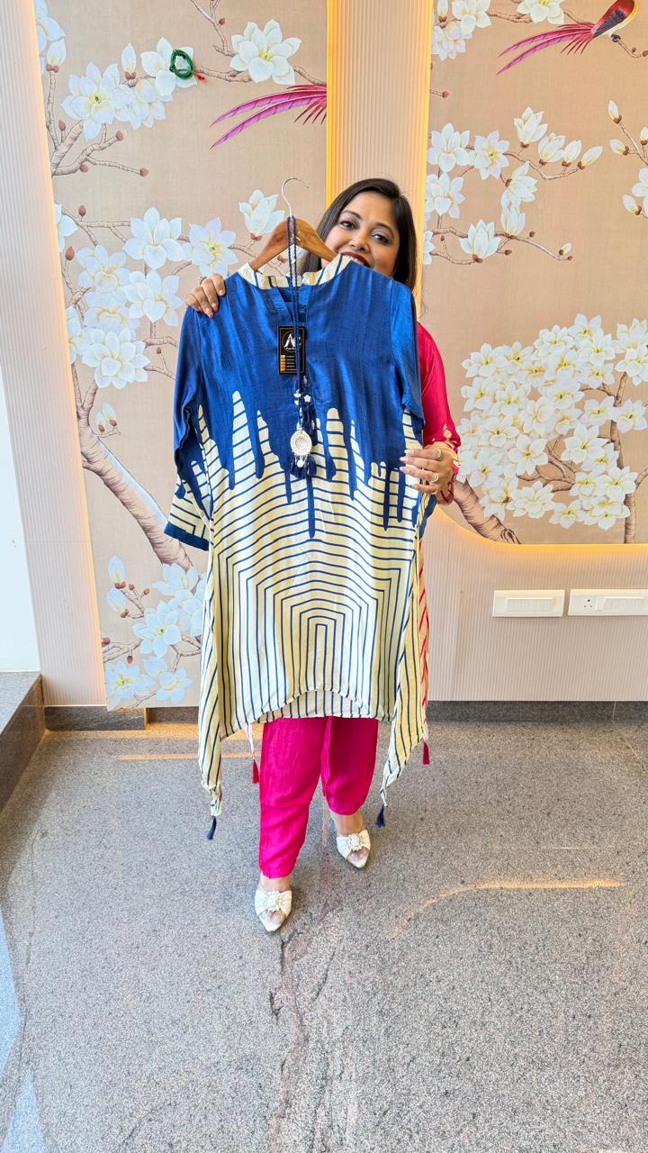 Pretty gaji silk kurta pant in blue with necklace