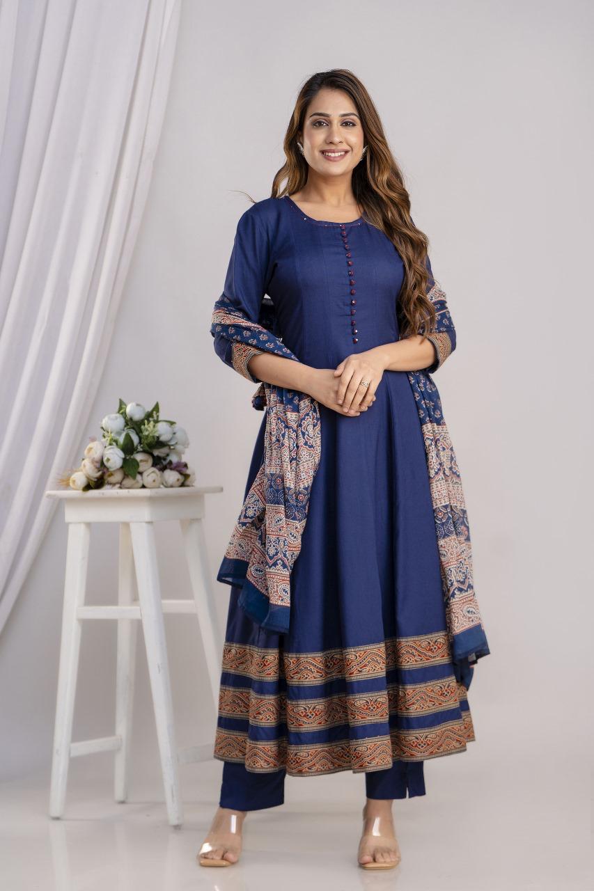 Blue heavy rayon Anarkali suit set