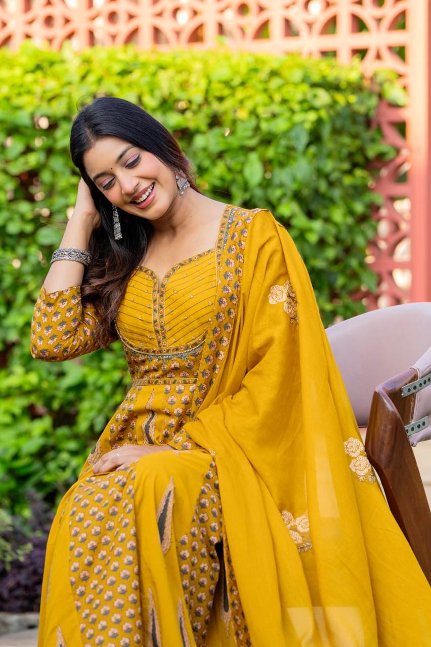 Gorgeous cotton anarkali suit set in yellow