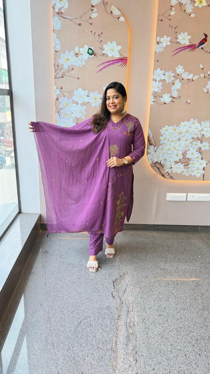 Pure cotton fully embroidered withorgenza lace detailing suit