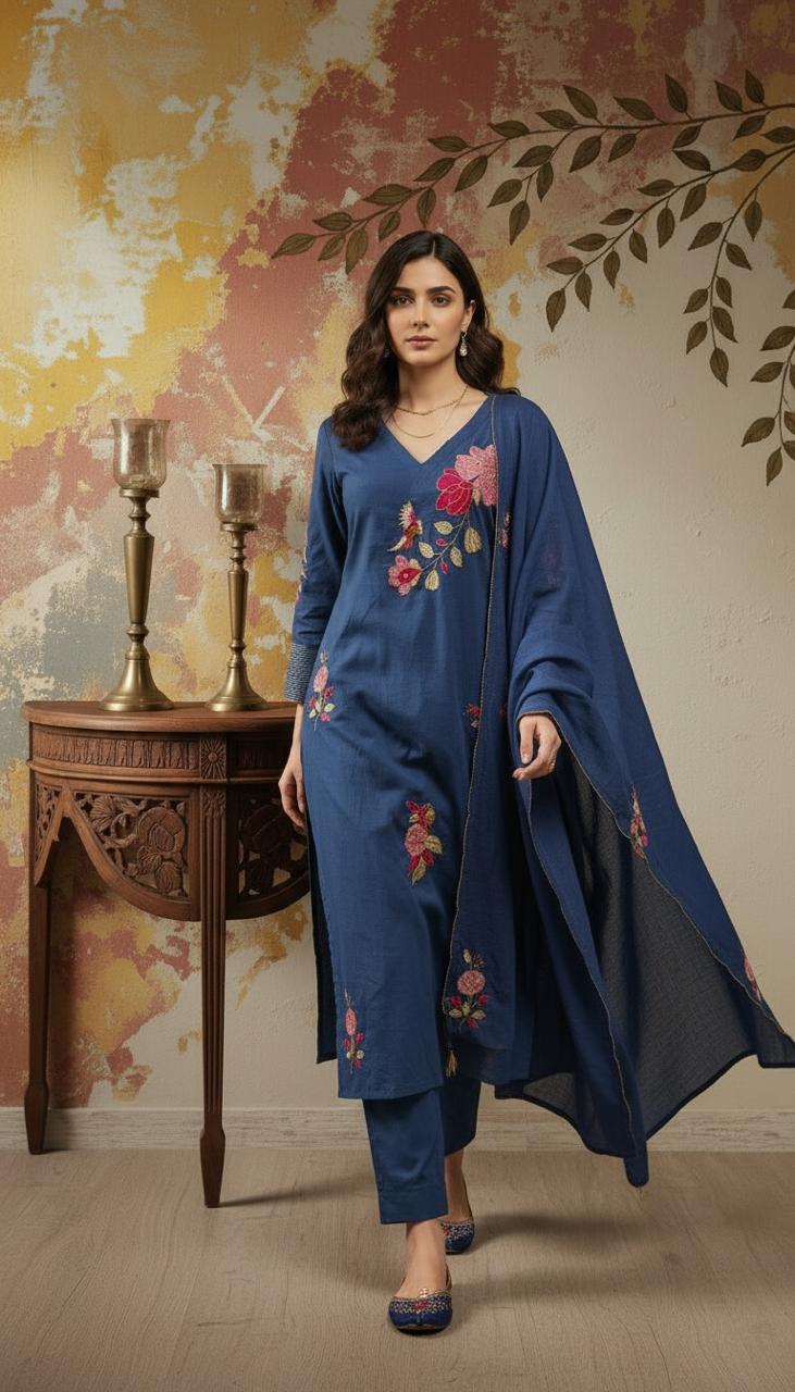 Pure mul cotton applique work suit set