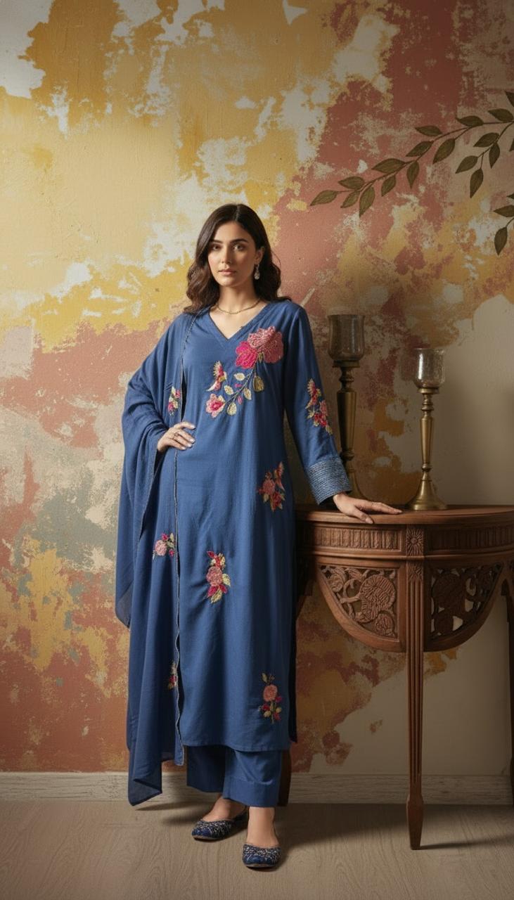 Pure mul cotton applique work suit set