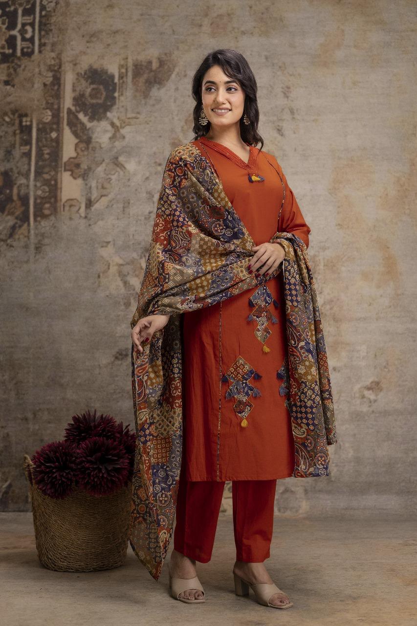 Beautiful applique work suit set in rust