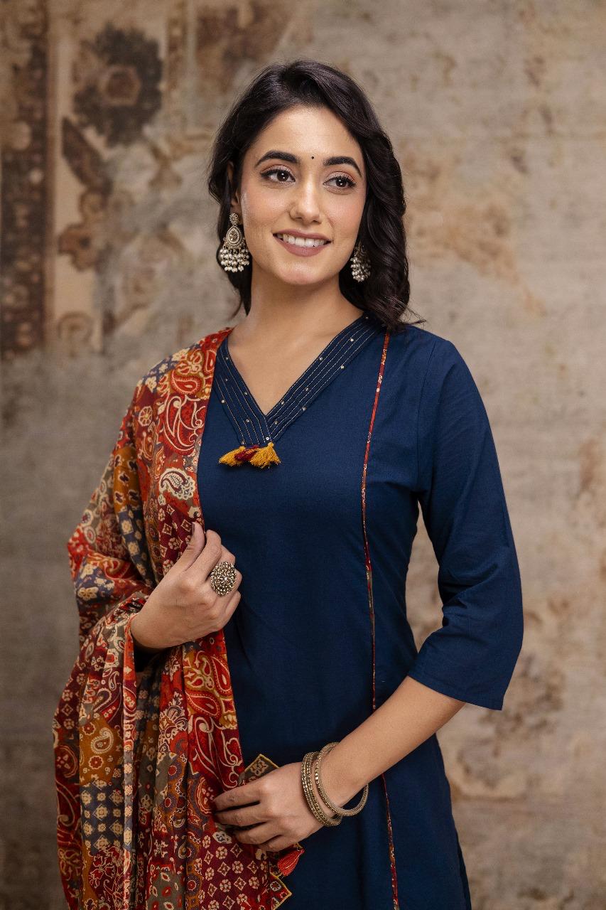 Beautiful applique work suit set in blue