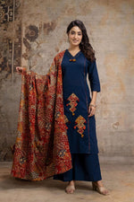 Beautiful applique work suit set in blue