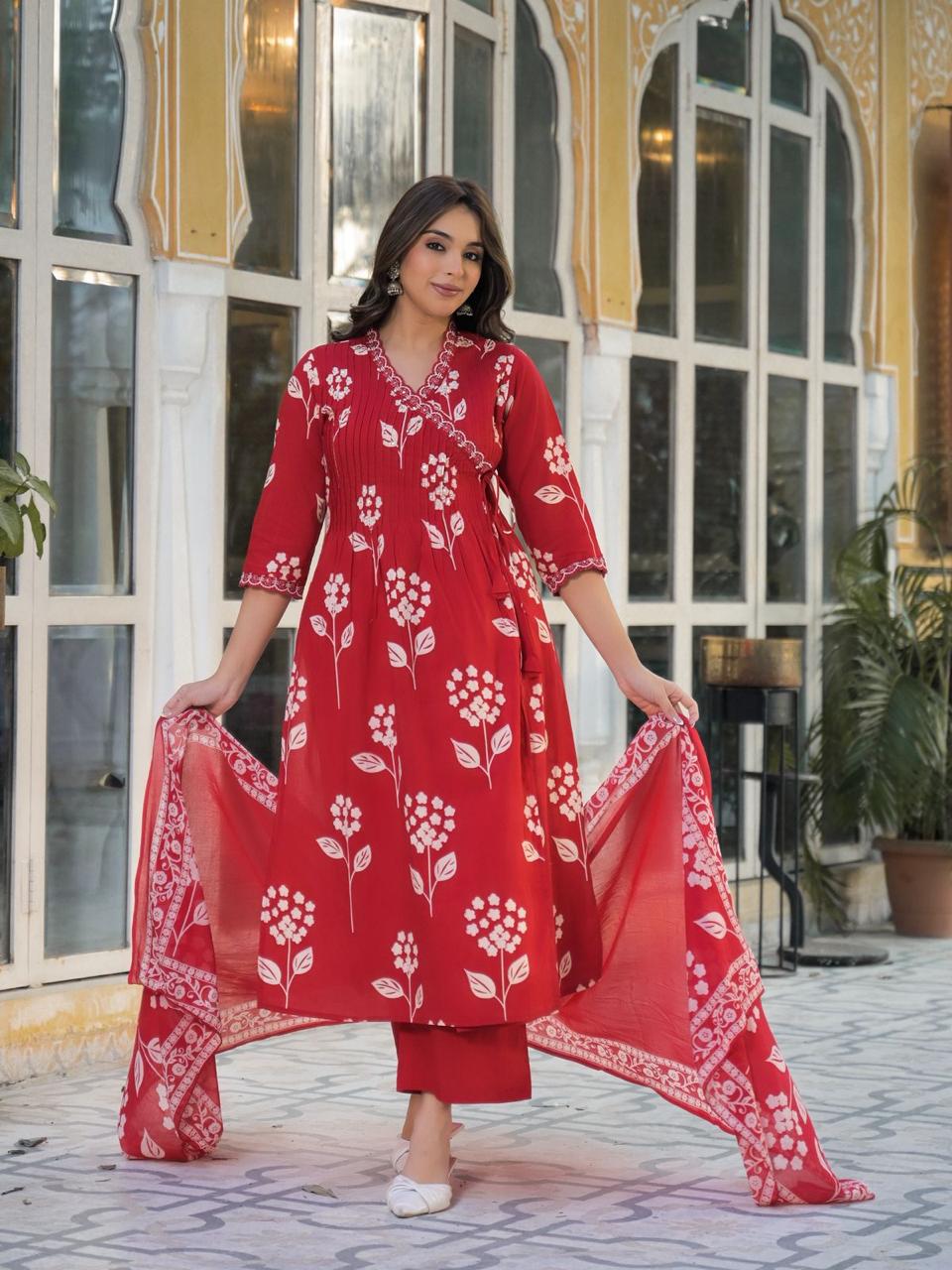 Super pretty cotton red angrakha full suit