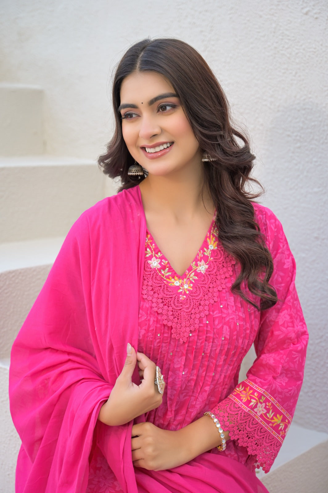 Pretty pink lace detailing digital printed suit cotton