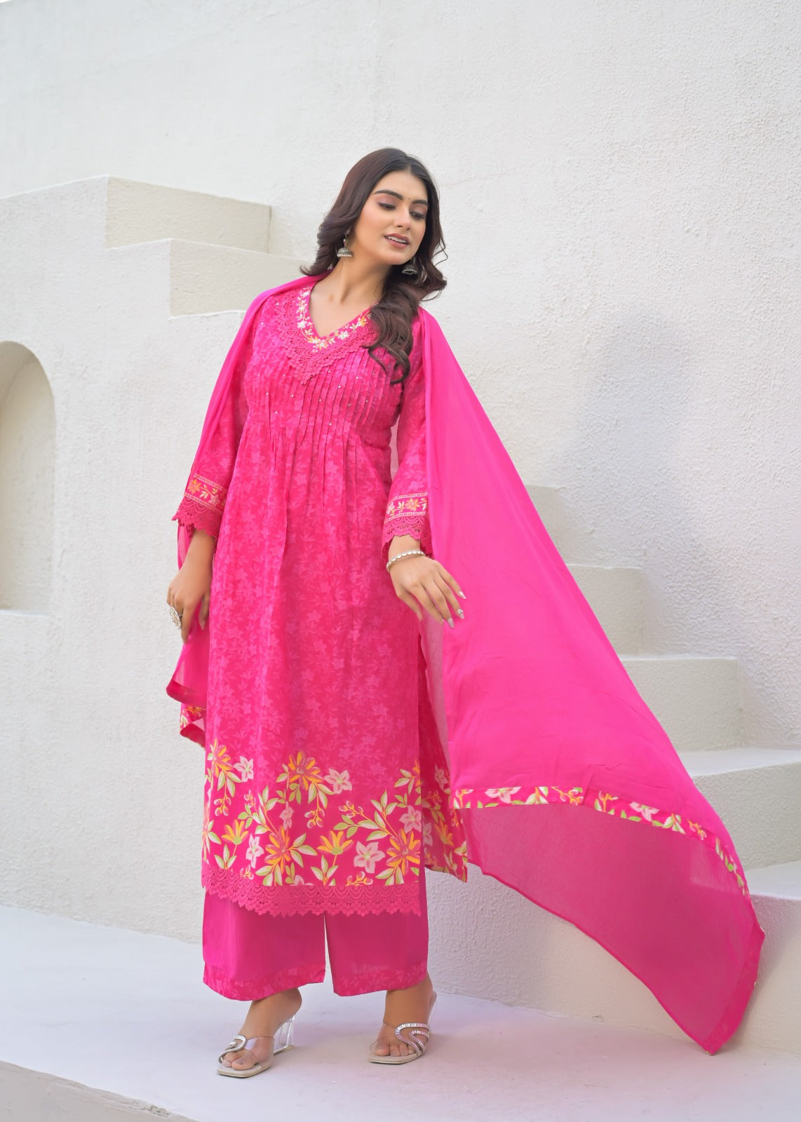 Pretty pink lace detailing digital printed suit cotton