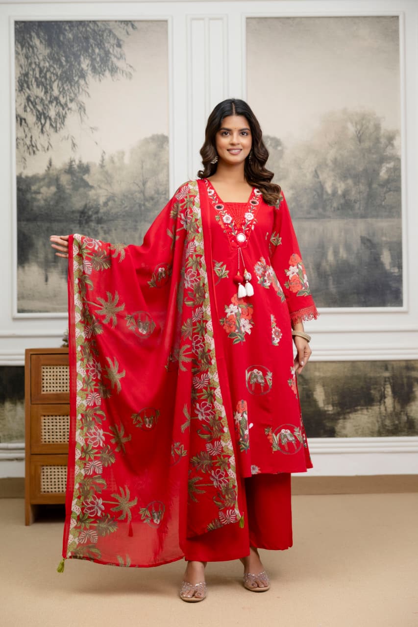 Real mirror lace detailing floral cotton suit set in red