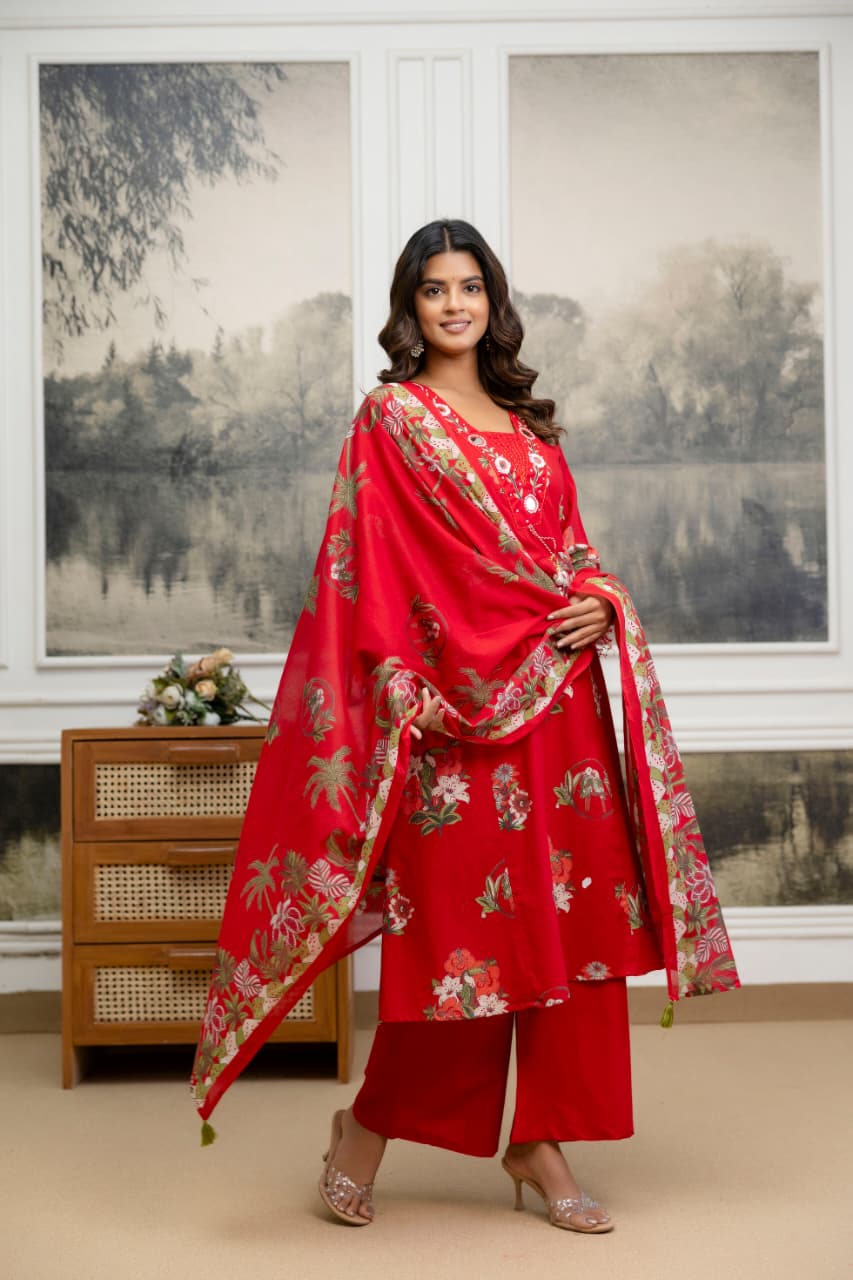 Real mirror lace detailing floral cotton suit set in red