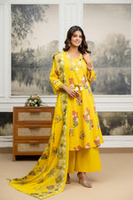 Real mirror lace detailing floral cotton suit set in yellow
