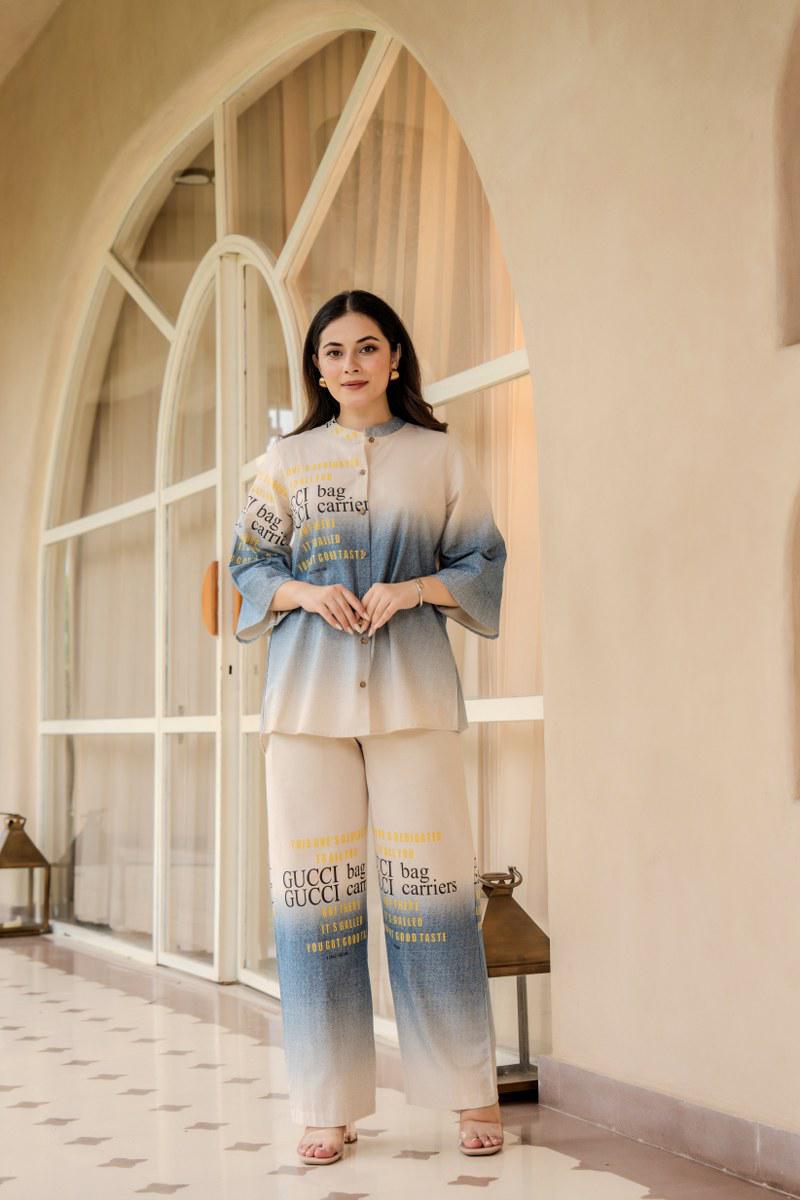 Linen cotton co ord in blue ( Gucci will be replaced with VIBE)