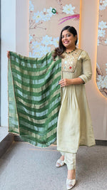 Premium tissue real mirror work suit set in green