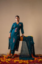 Bemberg muslin multi thread embroidered full suit set in blue