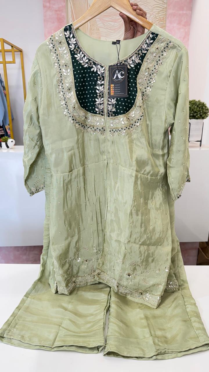 Premium tissue co ord in green with heavy hand work