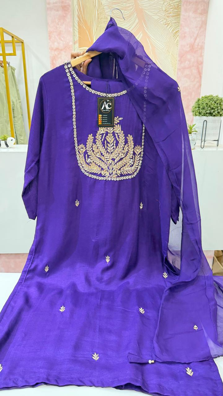 Pretty dola silk with pretty handwork suit set paired with orgenza dupatta