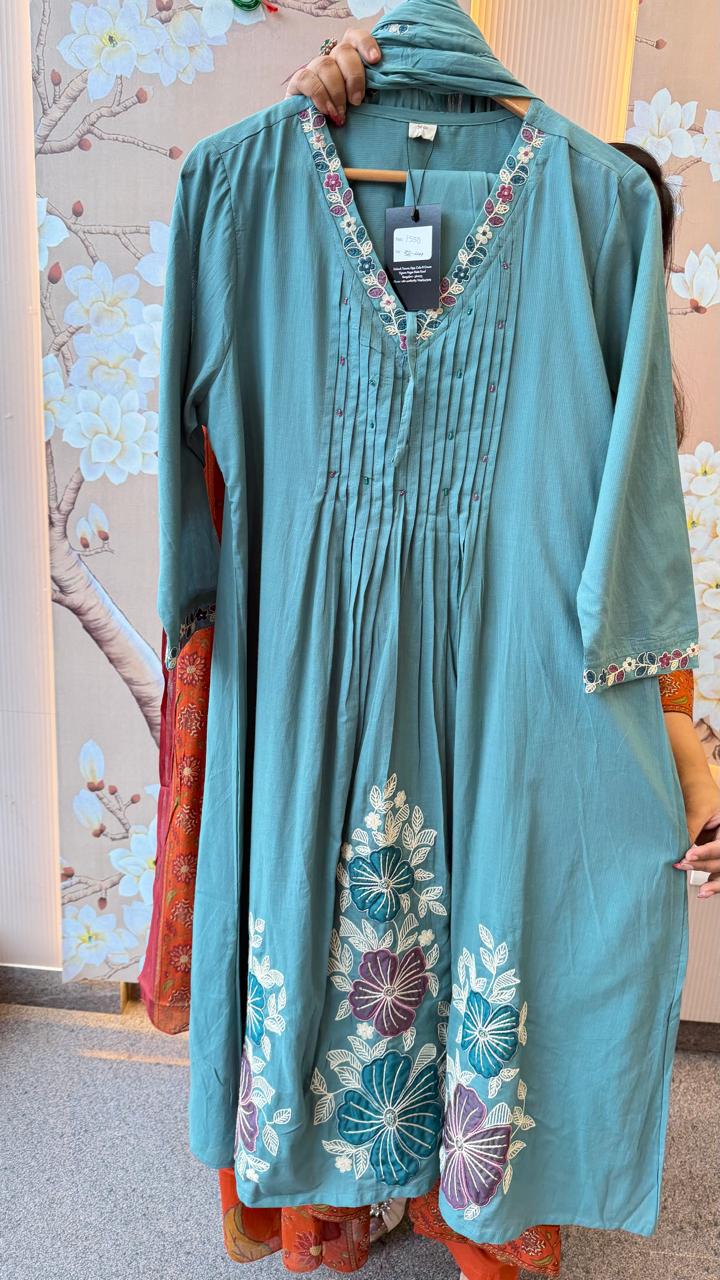 Premium cotton embroidered suit set in blue