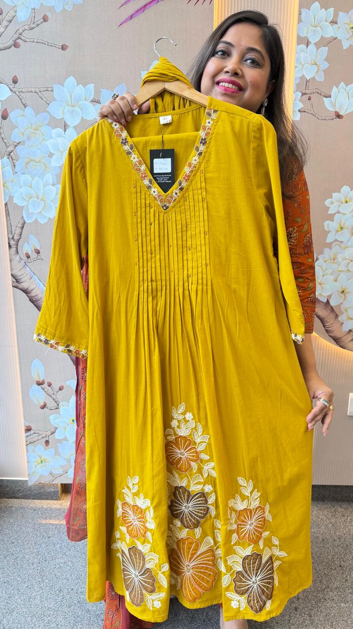 Premium cotton embroidered suit set in yellow