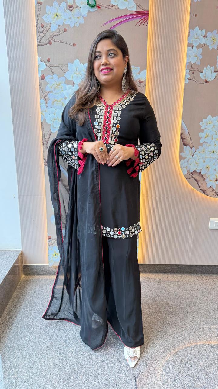 Pure crepe real mirror suit set in black