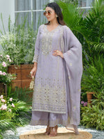 Lilac chinon with heavy shifli n embroidery suit set