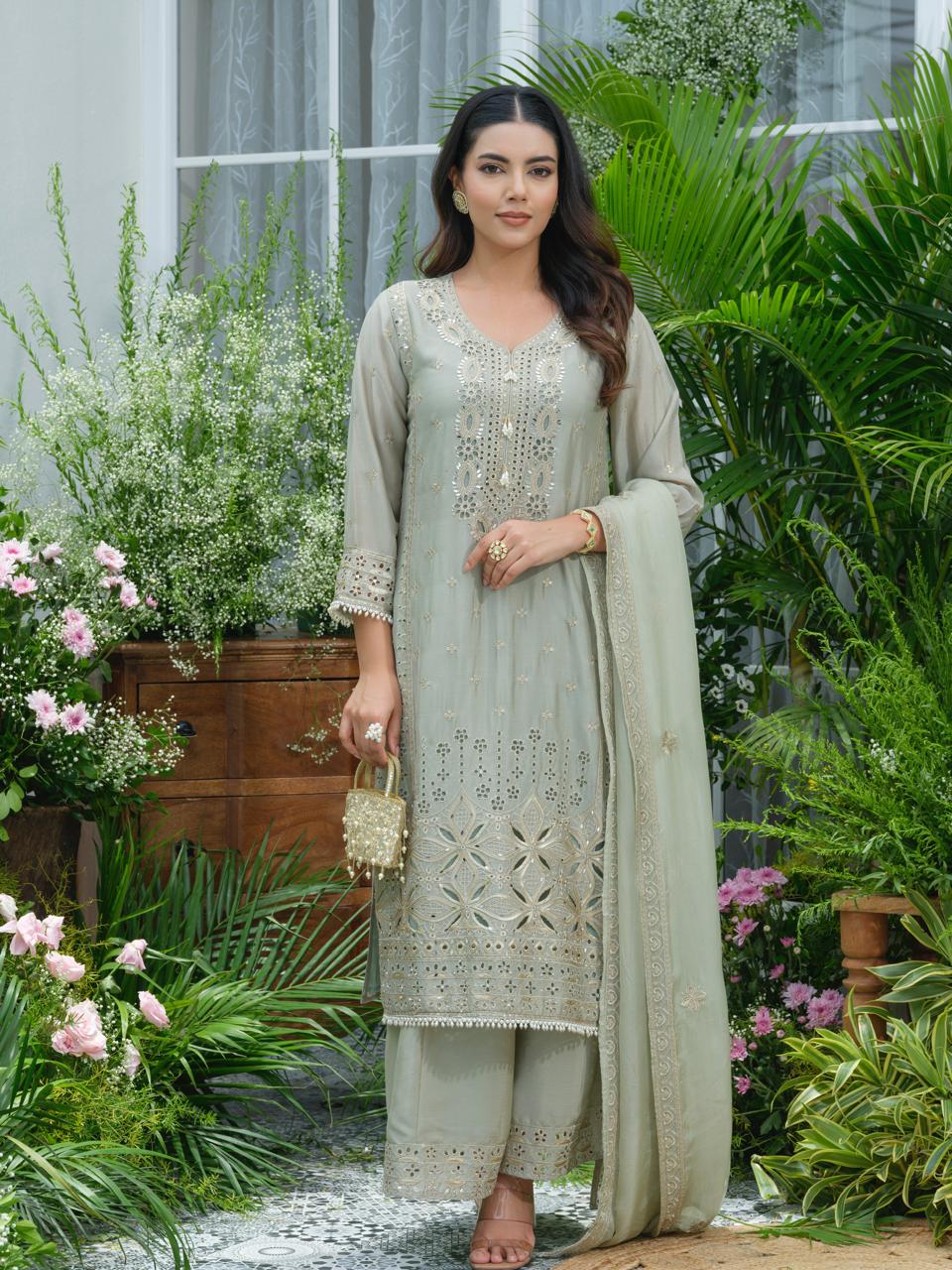 Mint green chinon with heavy shifli n embroidery suit set