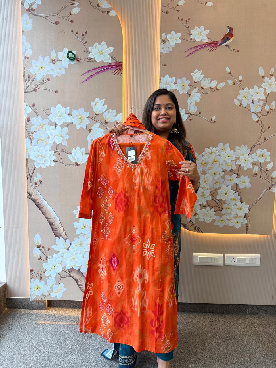 OrangeIkkat cotton suit set