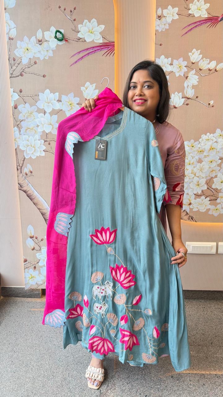 Gorgeous applique work full suit set in blue