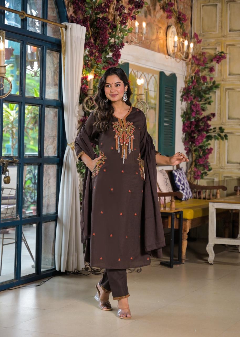 Designer pocket brown colour cotton suit set