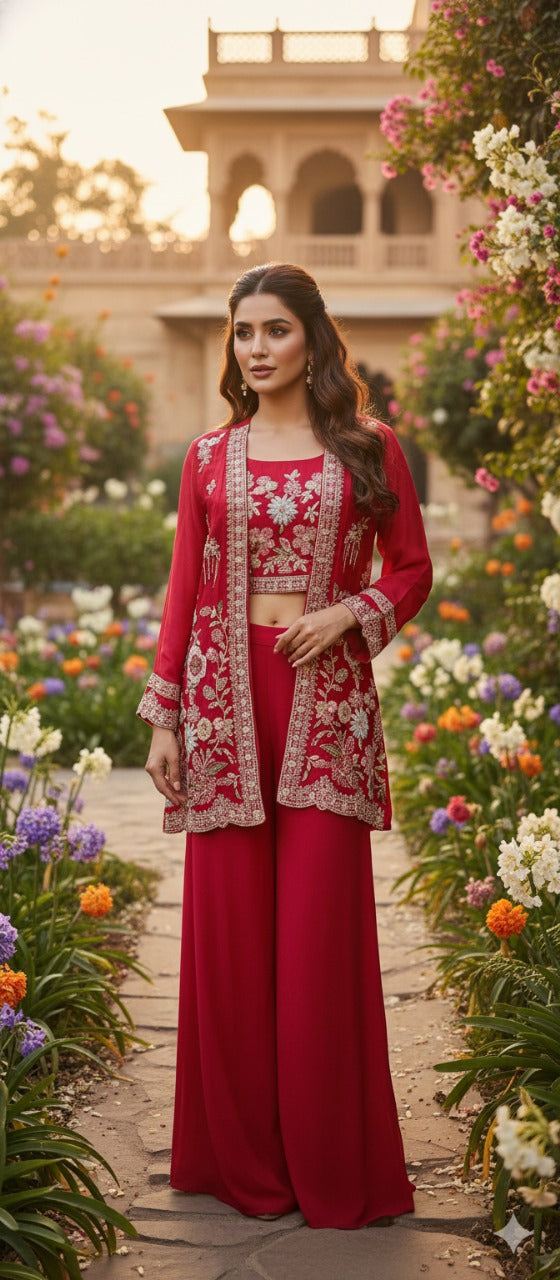 Rani pink designer chinon hand work crop top, plazzo pant and jacket